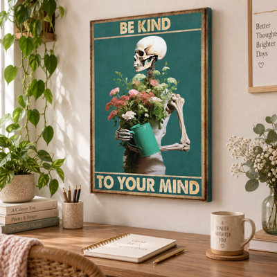 «Be Kind To Your Mind», art mural sur toile tendue avec bouquet - Décoration de salon, de chambre à coucher ou de bureau