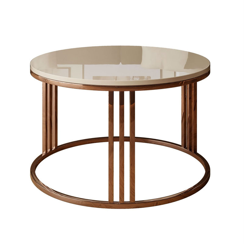 Round Coffee Table – Glossy Top with Copper Frame, Cashmere Gloss