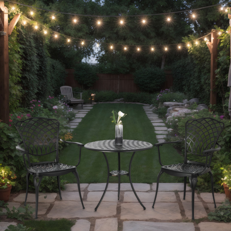 Black Cast Aluminum 3-Piece Bistro Set, Outdoor Patio Table with Umbrella Hole for Balcony