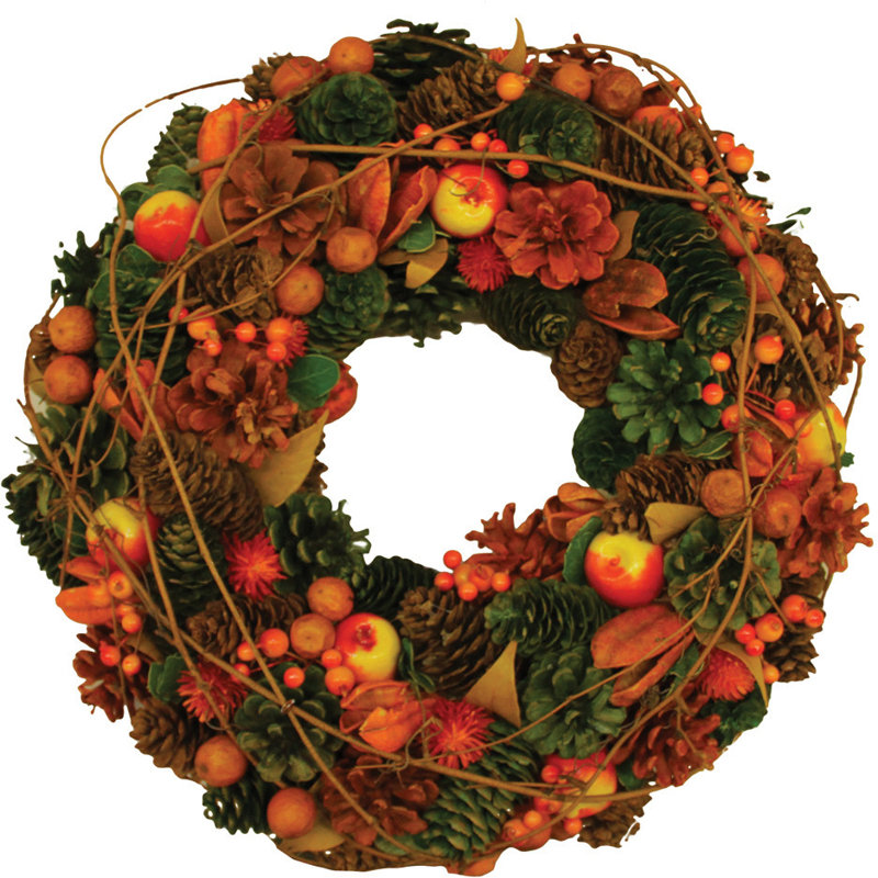 Couronne de pin artificielle et fruitier, H 14,75 po x l 14,75 po x P 3,25 po