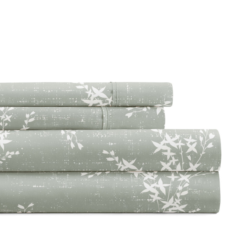 Sheet Set Patterned Microfiber Ultra Soft Bedding, Cal.King Sheet Set with 2 King Pillowcase, Green Mist Floral