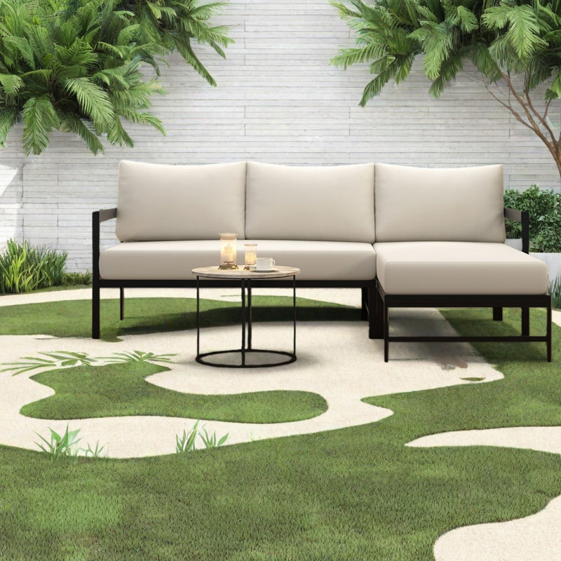 Spacieux canapés de patio en forme de L, beige, résistant aux intempéries, idéal pour les jardins