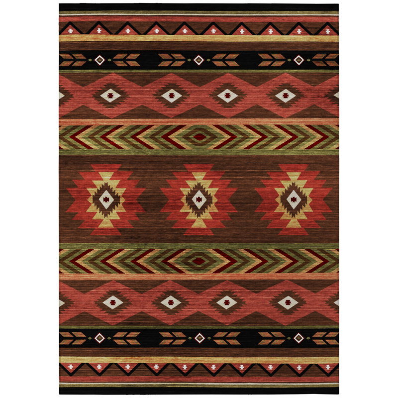 Tapis brun / rouge / vert en polyester tissé à la machine Binderveld Southwestern, Rectangle de 10 pi x 14 pi