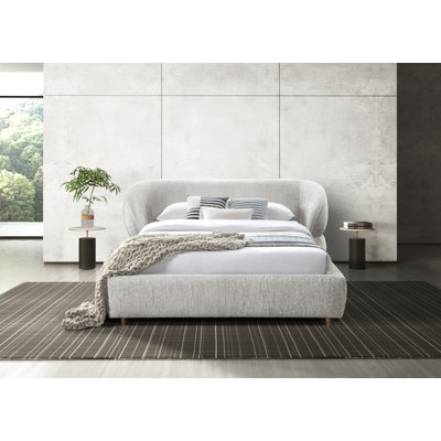 Ollie Italian Design Upholstered Platform Bed – Bouclé Fabric Or Faux Leather, Curved Headboard, Fully Upholstered Frame, No Box Spring Required