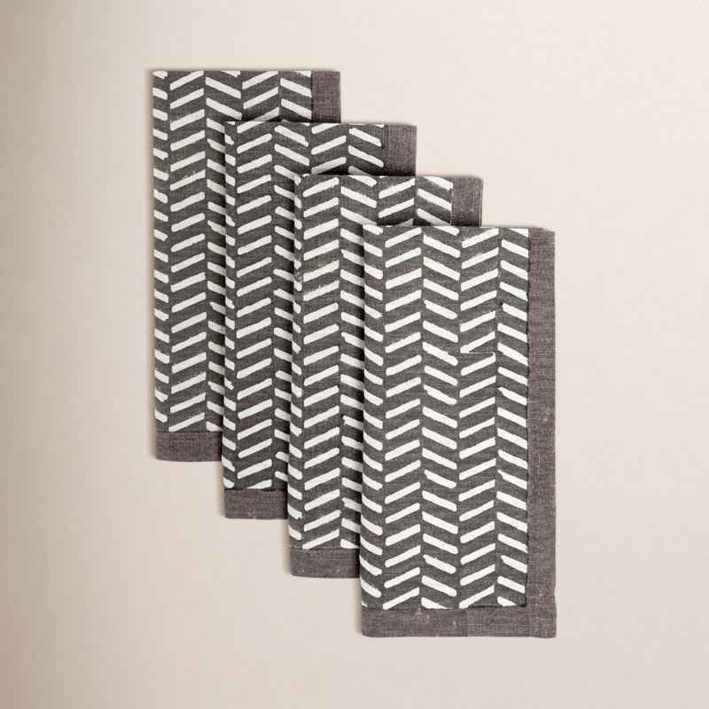 de 4 serviettes de table bloquées à la main et au-dessus, ensemble de 4, Chevron gris