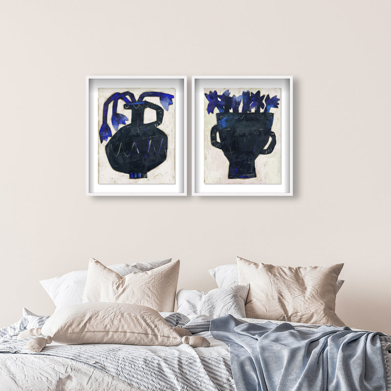 Indigo Vases Set Shadowbox Floral & Botanical Print by Oliver Gal, Black Frame, 16 x 20, 43"H x 35"W, White Shadowbox