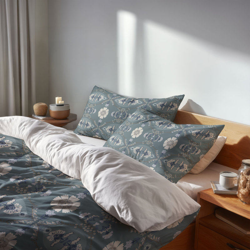 Ensemble d'édredon décoratif léger Reeva, Édredon très grand + 2 taies d'oreiller très gr, Floral bleu sarcelle
