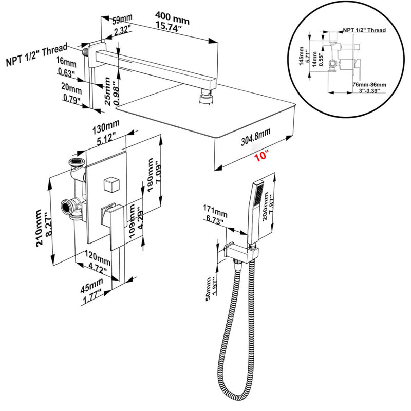 Complete Shower System With Rough-In Valve With 10 Inches Rain Shower Head, Matte Black