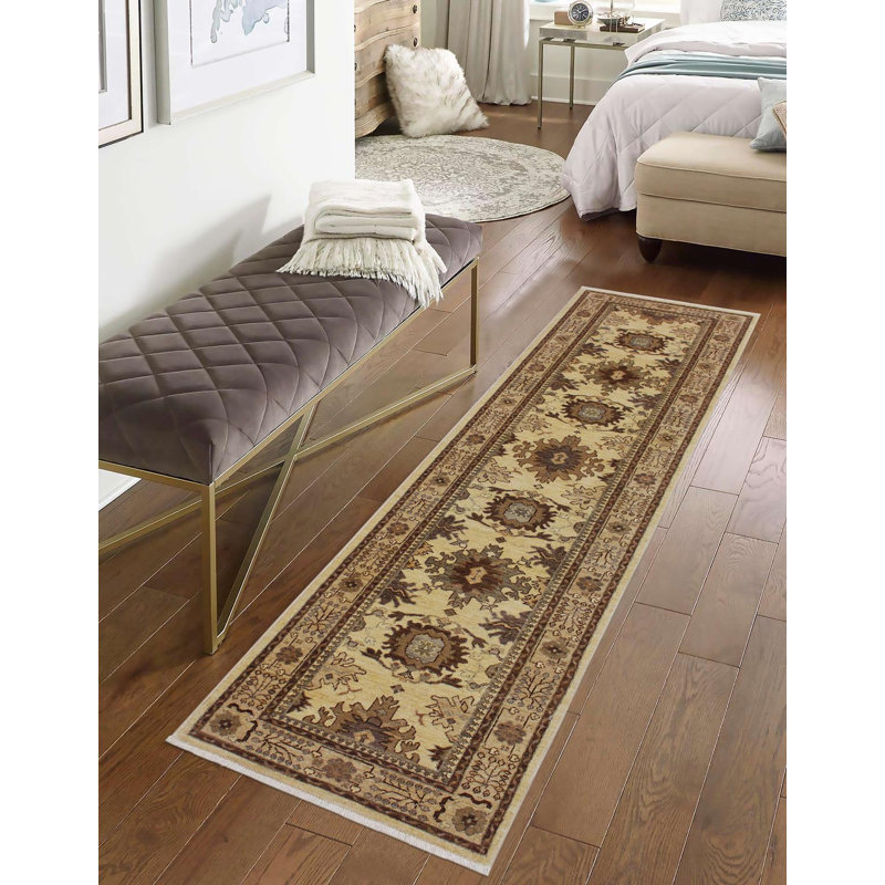 Tapis de couloir oriental brun clair / brun en laine noué à la main 2 pi 6 po x 9 pi 5 po Grigori