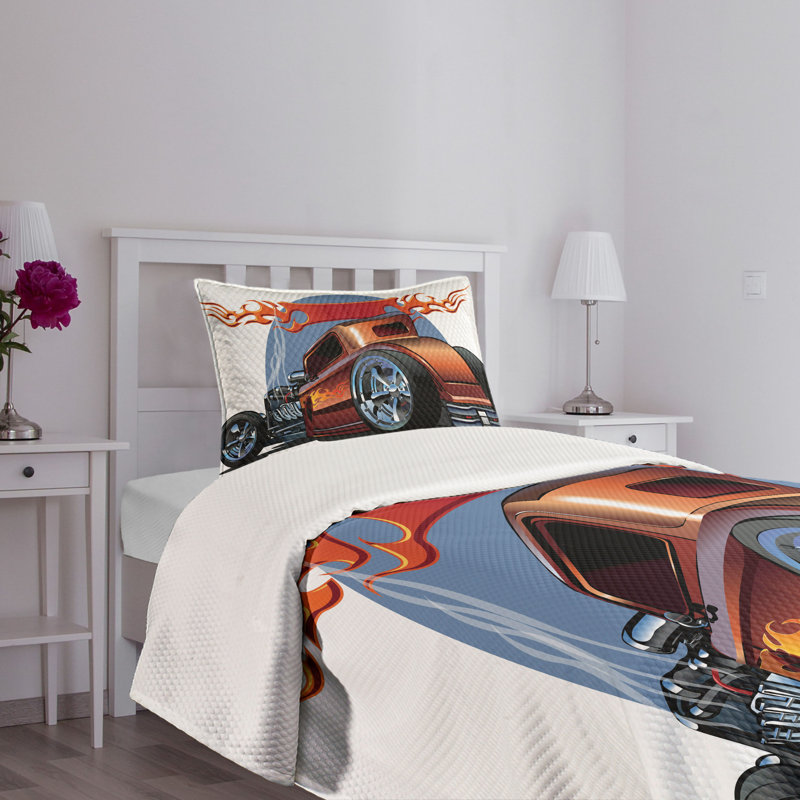Twin White Polyester Hot Rod Car Bedspread Set