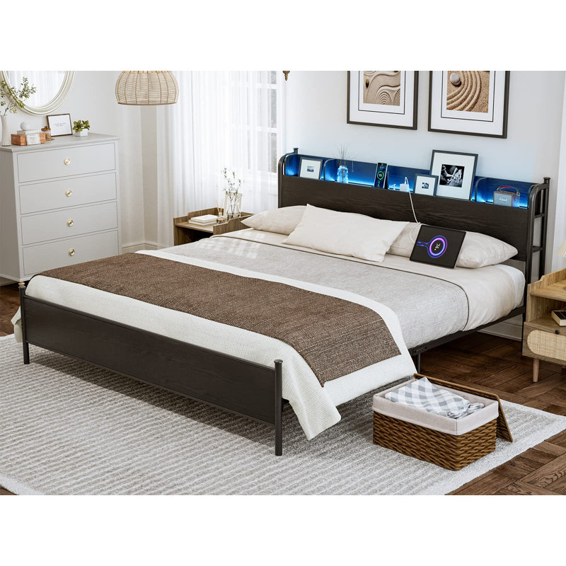 California King Black Metal and Wood Bed Frame with LED Lights and Storage