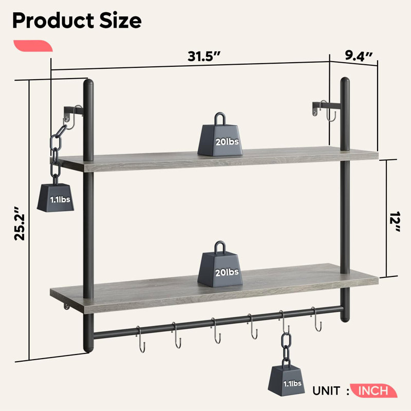 Floating Shelf With Towel Bar And Hooks - Industrial Wall-Mounted Storage Shelf For Kitchen, Bathroom, Living Room - Sturdy Wrought Iron And Particle Board Design