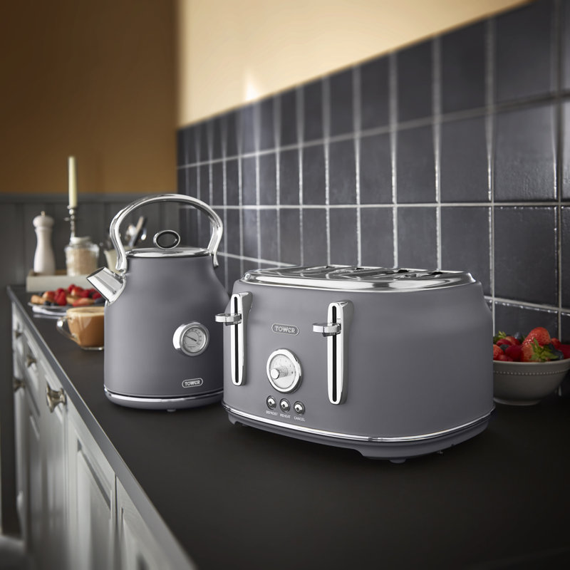 Tower Renaissance Kitchen Set, 1.7L Quiet Boil Kettle & 4 Slice Toaster, Grey