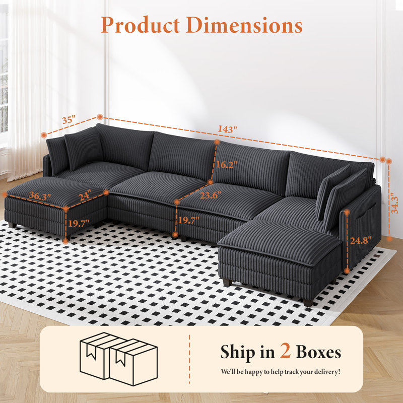 143" U Shaped Cloud Modular Sofa With 2 Ottomans, Gray Corduroy