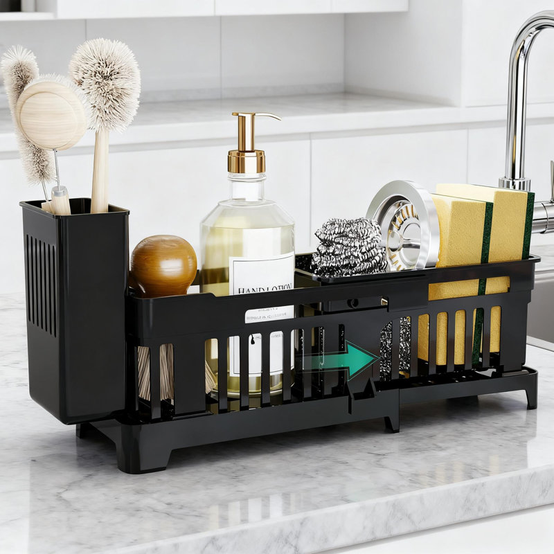 Organisateur de panier de lavabo extensible avec drainage, très grand support d'éponge de cuisine pour éponge, brosse à vaisselle, brosse à récurer, accessoires