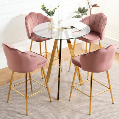 Chaises de bar et table de luxe en velours rose luxueux