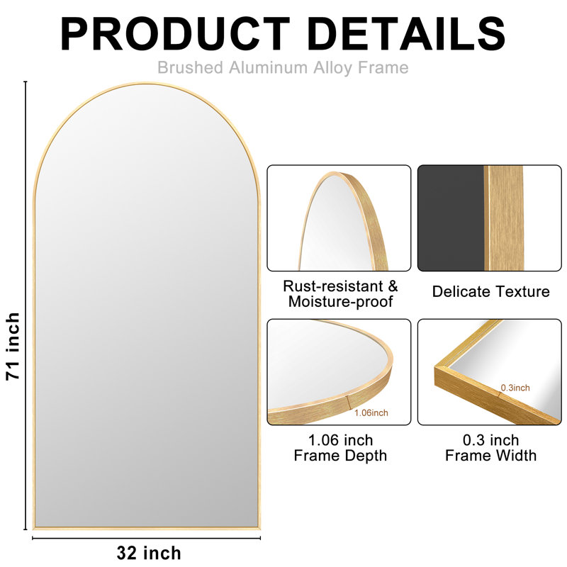 Arched Full Length Mirror with Stand, Aluminum Alloy Frame Floor Full Body Mirror, 71" x 32", Gold