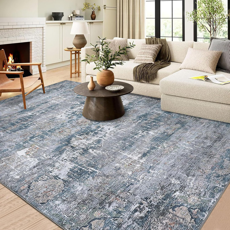 Neutral Area Rugs 5x7 Washable, Soft Vintage Distressed Large Bedroom Rug Foldable Indoor Floor Carpet, Retro Abstract Farmhouse Low Pile Taupe Multi