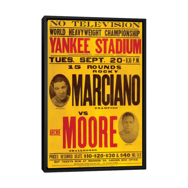 Marciano contre Moore - publicité imprimée, H 40 po x l 26 po x P 1,5 po, Toile avec cadre noir, Aucun mat