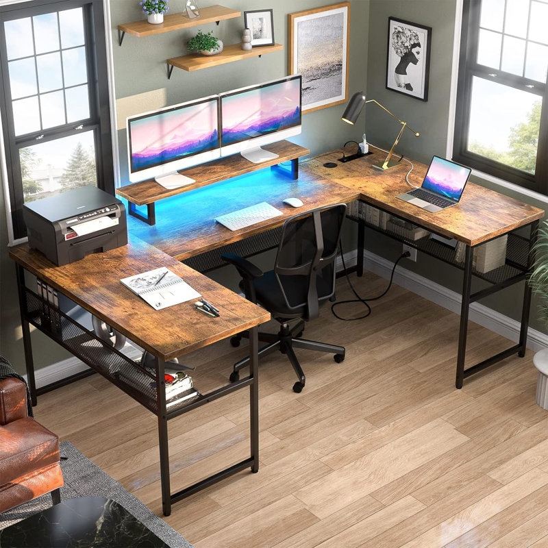 Manasa 83" U-Shape Computer Desk with LED Light Strip and Sockets, Brown/Black