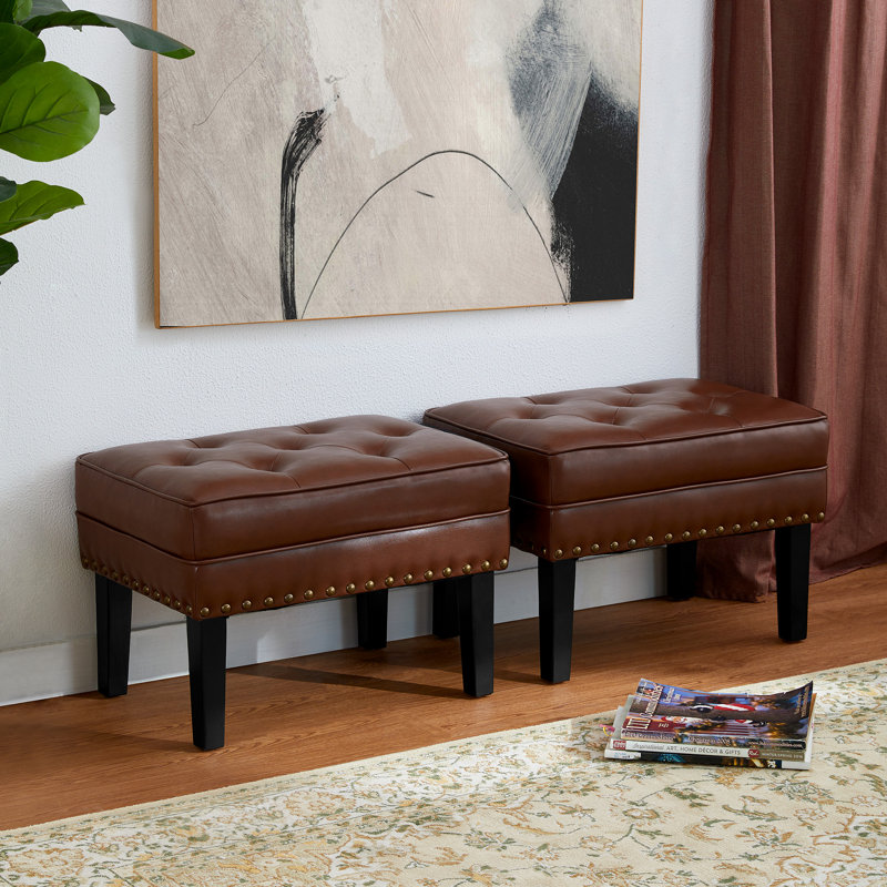 Faux Leather Ottoman, Brown/Brass