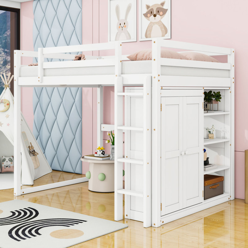 Full Size Wooden Loft Bed With Wardrobe, Multi-Layer Storage Shelves And LED Lighting, White