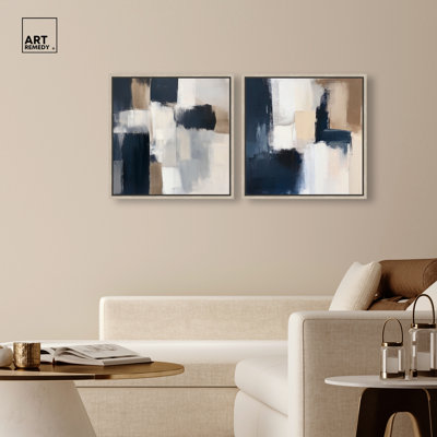 «Blue Mood and Abstraction Duo», ensemble de décorations sur toile encadrées par Art Remedy, cadre argenté, 30 x 30