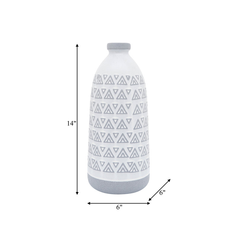 Parrottsville Stoneware Ceramic Vase with Carved Geometric Pattern and Boho Textured Design, 14" H x 6" W x 6" D, Light Grey