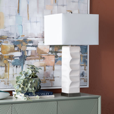 31.75"H White Textured Metal Table Lamp with White Linen Shade