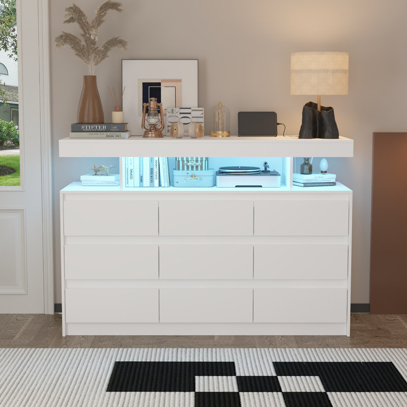 9-Drawer Dresser With Power Outlets And Adjustable Lights