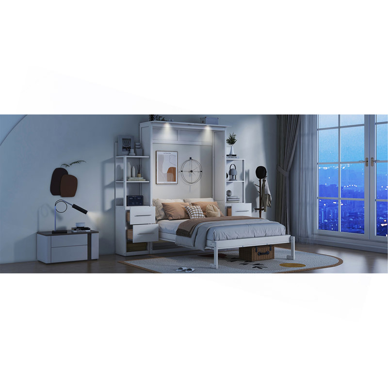 Lit escamotable double pleine grandeur avec tablettes, tiroirs et lumières DEL, Lit double, Blanc