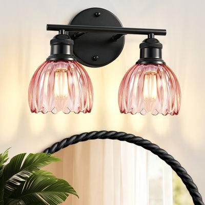 Applique murale à 2 lumières, noir mat, avec abat-jour en verre rose tulipe, idéale pour la salle de bain, la chambre ou le salon.
