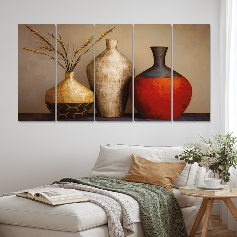 «Cottage Elegance», fleurs sauvages séchées III - art mural Boho Pottery, 5 panneaux égaux