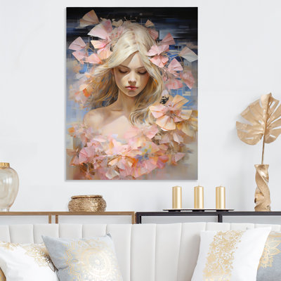 Pink And Blue Butterfly Woman Angel III - Glam Metal Wall Art