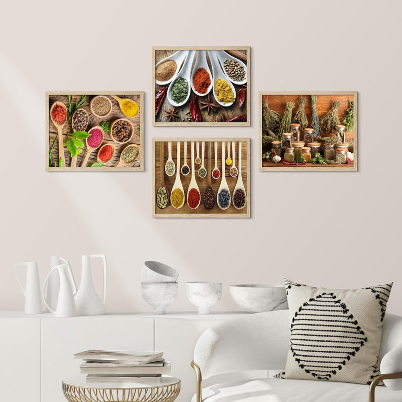 Épices dans des cuillères, cuisine et cuisine, gros plan, impression encadrée sur papier, 4 pièces, Naturel