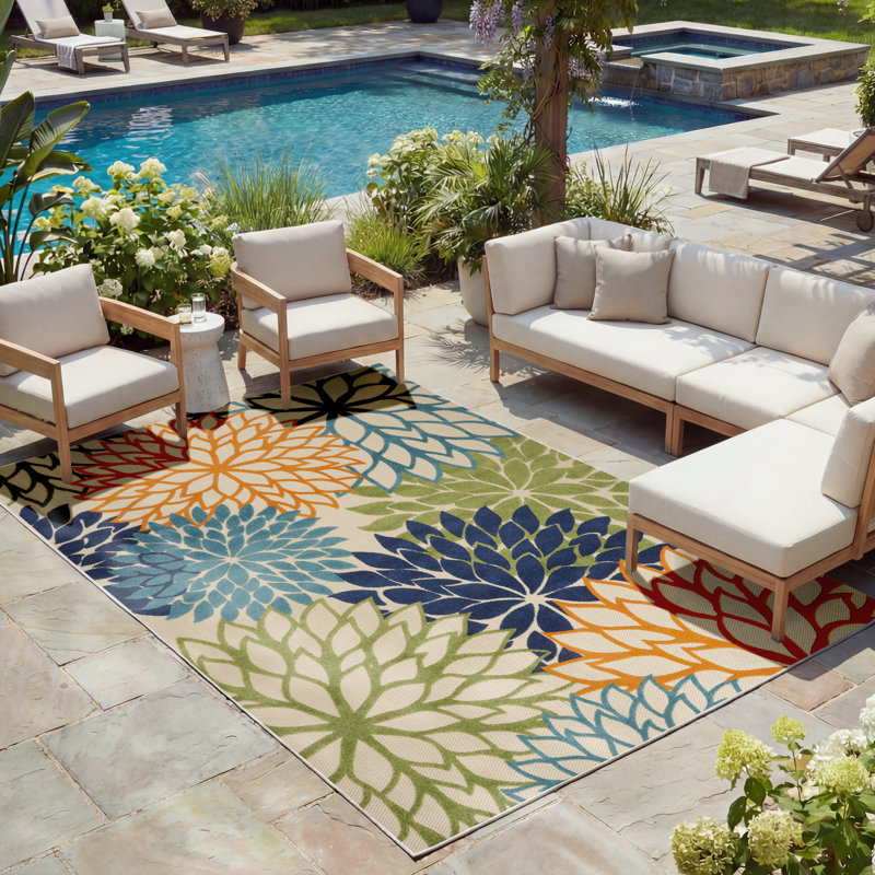 Alsaedi Floral Green/Blue/Orange Indoor/Outdoor Area Rug, Rectangle 9' x 12'