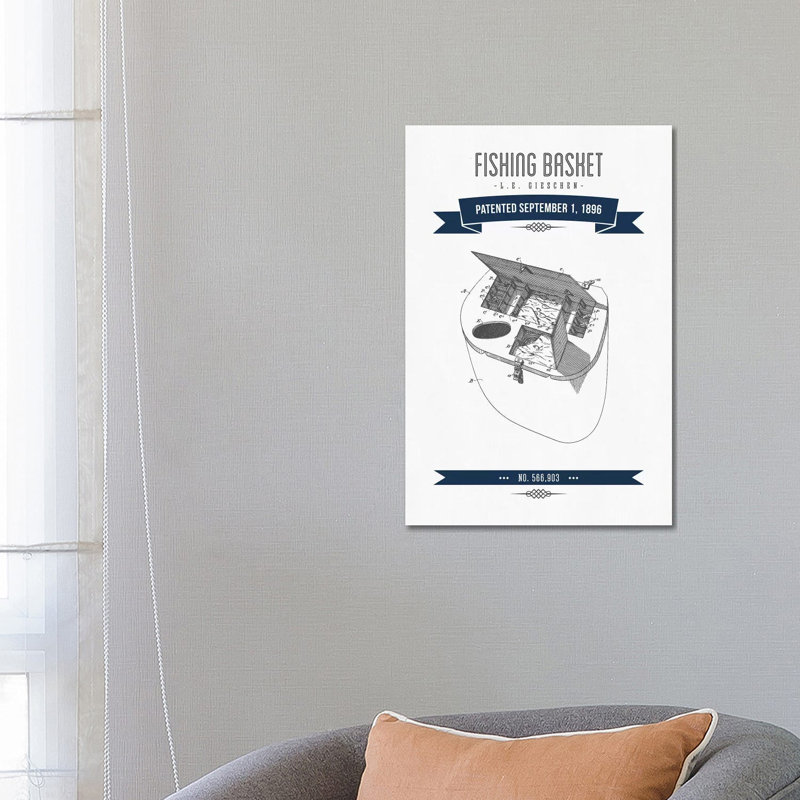 L.E. Gieshen Fishing Basket Patent Sketch Retro (Navy Blue) by Aged Pixel - Wrapped Canvas Print, 20.32 cm H x 30.48 cm W