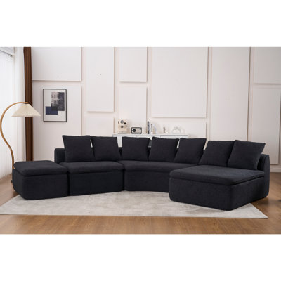 133" Modular U-Shaped Sectional Compression Sofa with Removable Recliner Module, Black Woodgrain Chenille, Boneless, Ideal for Large Spaces - Flexible Configuration