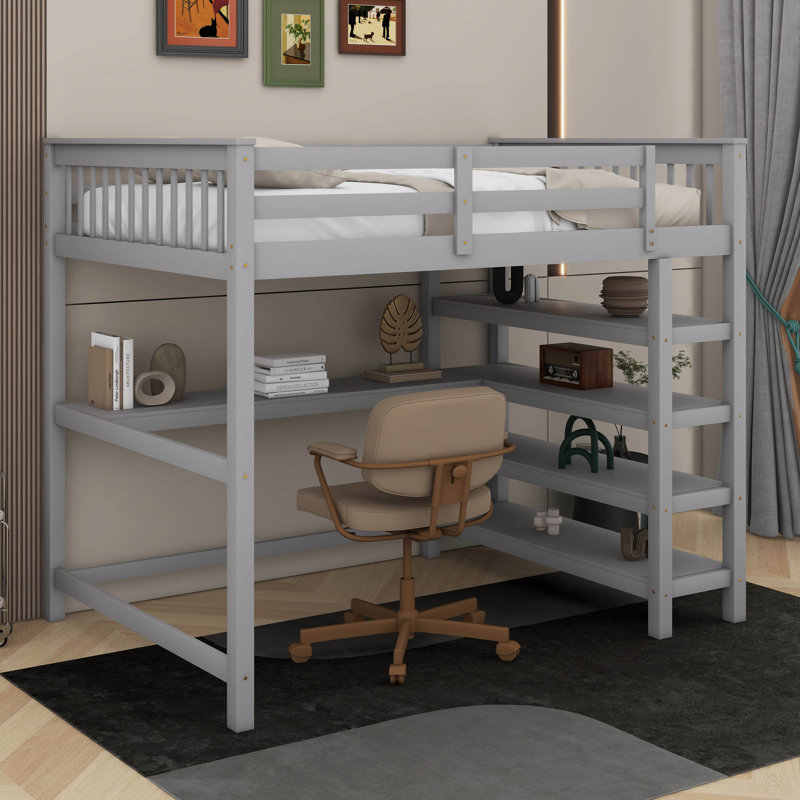 Lit mezzanine double avec tablettes et bureau, Gris