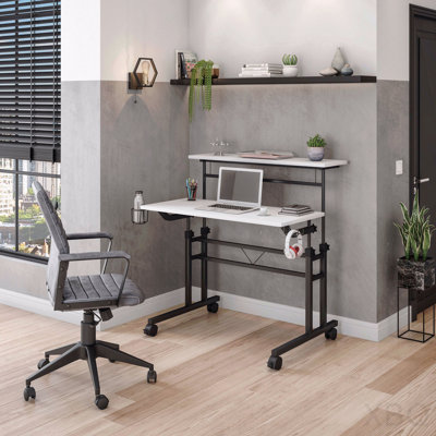 White Rolling Writing Desk with Height-Adjustable Desktop and Moveable Shelf