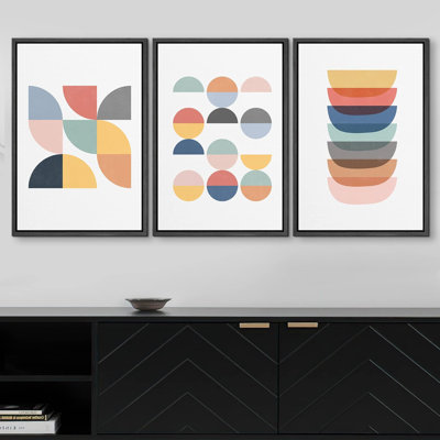 " Multicolor Pastel Semi Circles And Polygons Abstract Shapes Modern Nordic Mid-Century " 3 - Pieces