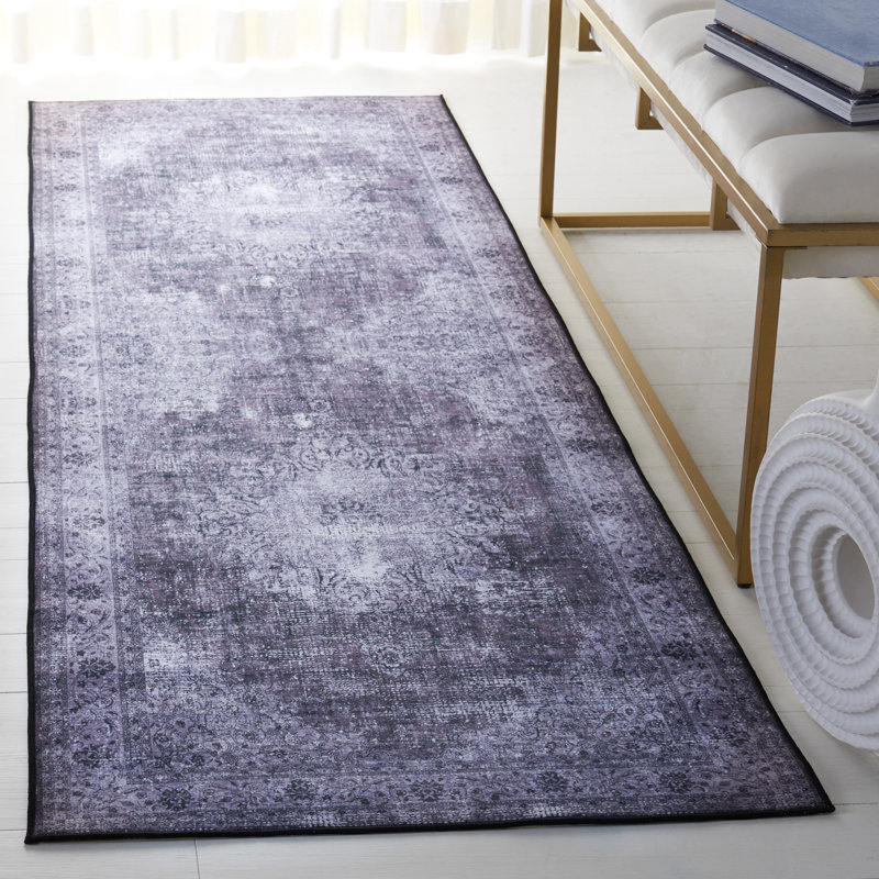 Tucson Vintage Look Machine Washable Non-Slip Area Rug in Black & Grey, Runner 76 x 244 cm