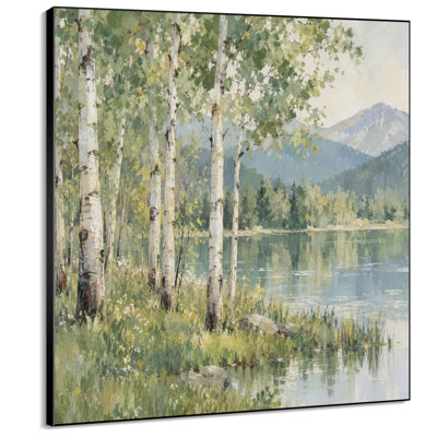 Impression d'art mural extra large - Bouleaux verts par Peaceful Mountain Lake pour le salon ou la chambre à coucher - «Assemblage requis du cadre (cadre non fini)»