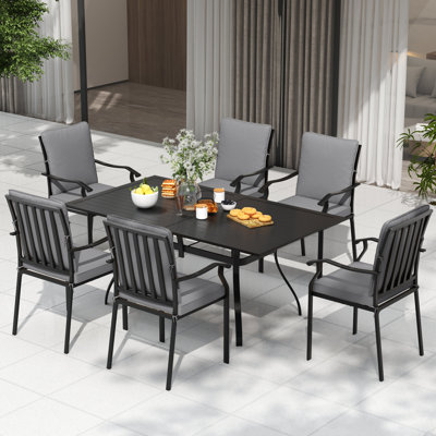 Hoopeston Outdoor Patio Dining Set – Furniture For Patio, Balcony, Backyard, Garden, Lawn (1 Rectangular Table+6 Dining Chairs With Gray Cushion)