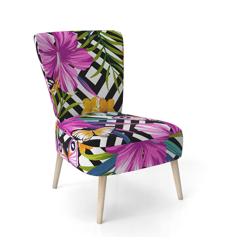 Upholstered Floral Side Chair - Modern floral Accent Chair, Floral Tropical Pink Polyester Blend