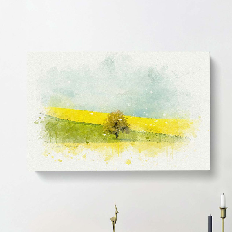 Lone Tree In A Yellow Meadow In Abstract - Wrapped Canvas, 60cm H x 91cm W x 3cm D