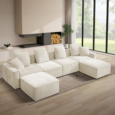 6-Piece Upholstered Boneless Modular Sectional Couch U-Shaped Sofa With Ottoman