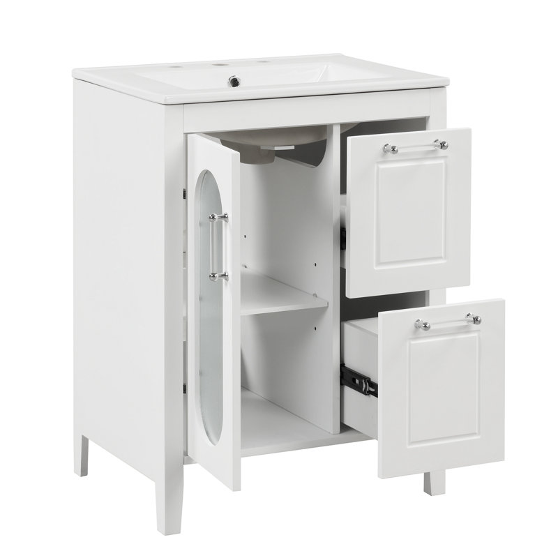 24" Bathroom Vanity With Sink, Bathroom Vanity Cabinet With Two Drawers And Door, Adjustable Shelf, Solid Wood And MDF, White