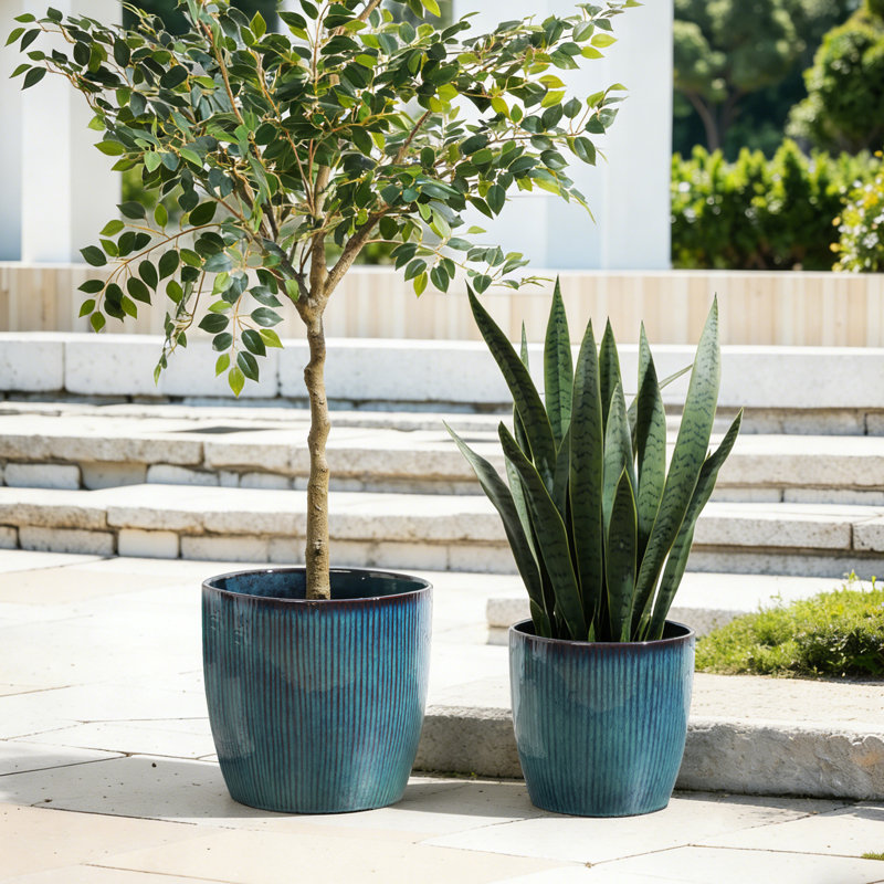 11.8'' Dia Large Round Plant Pots with Vertical Line Texture, Modern Blue Ceramic Planter, 11.02" H x 11.81" Diameter