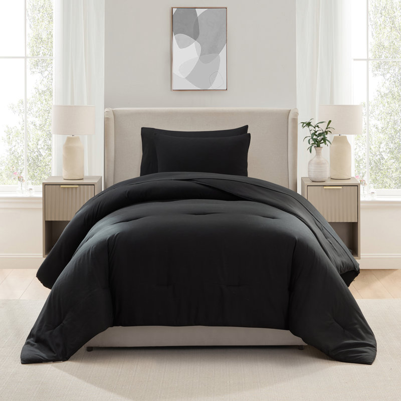 Soft Microfiber 5 Piece Comforter Set with Sheets, Black, Twin Extra Long Comforter + 4 Additional Pieces